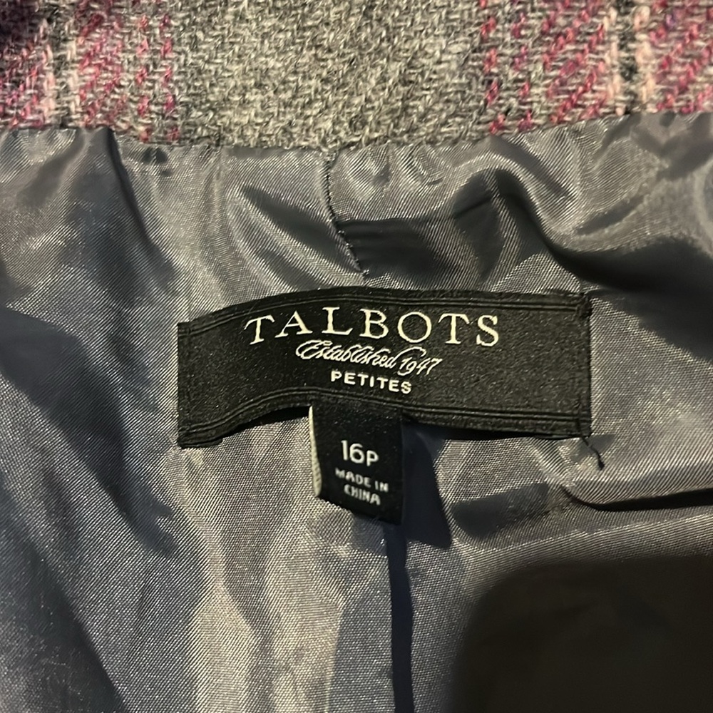 Talbots Gray Pink Plaid Wool Tweed Open Front Blazer Jacket 16P Career - Picture 10 of 10
